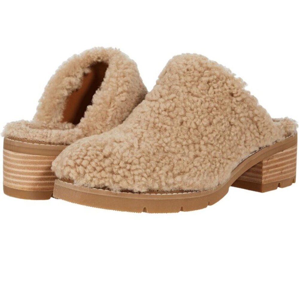 Donald Pliner Sammie Real Fur Cozy Clogs Sz 9 Teddy Slip On Tan Chunky Heel Mule